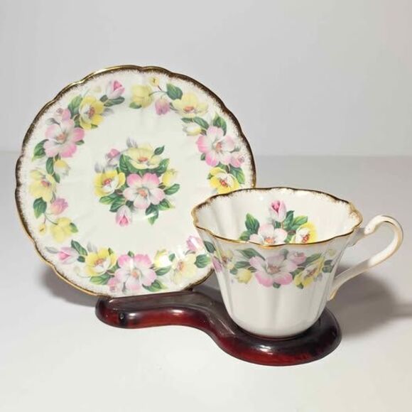 Royal Stafford Teacup and Saucer Pink Yellow Flowers Vintage - Picture 1 of 8